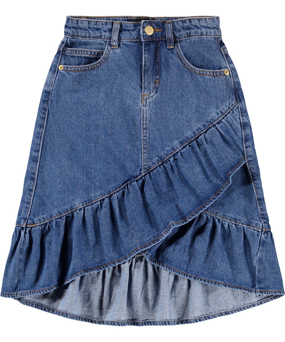 Belinda - Mid Blue Denim - Blauer Jeansrock für Kinder aus Öko-Baumwolle mit Rüschenkante.