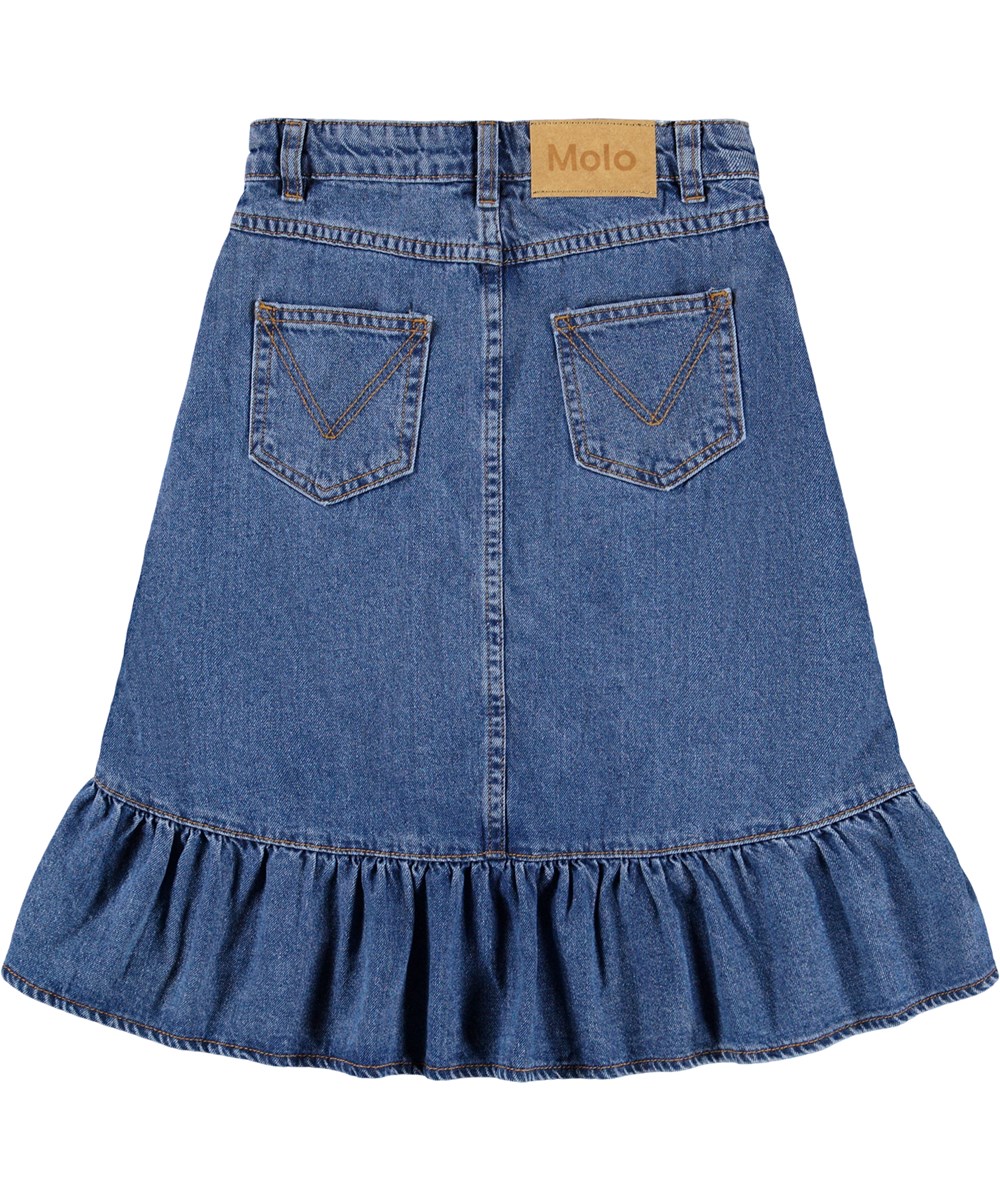 Belinda - Mid Blue Denim - Blauer Jeansrock für Kinder aus Öko-Baumwolle mit Rüschenkante.