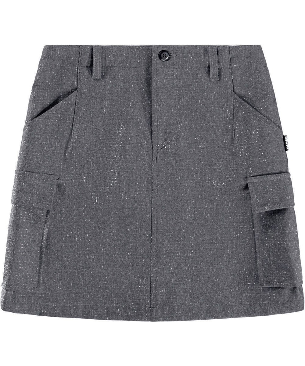 Belli - Grey Silver Check - Grauer Rock für Kinder mit silbernem Faden und Cargotaschen an der Seite.