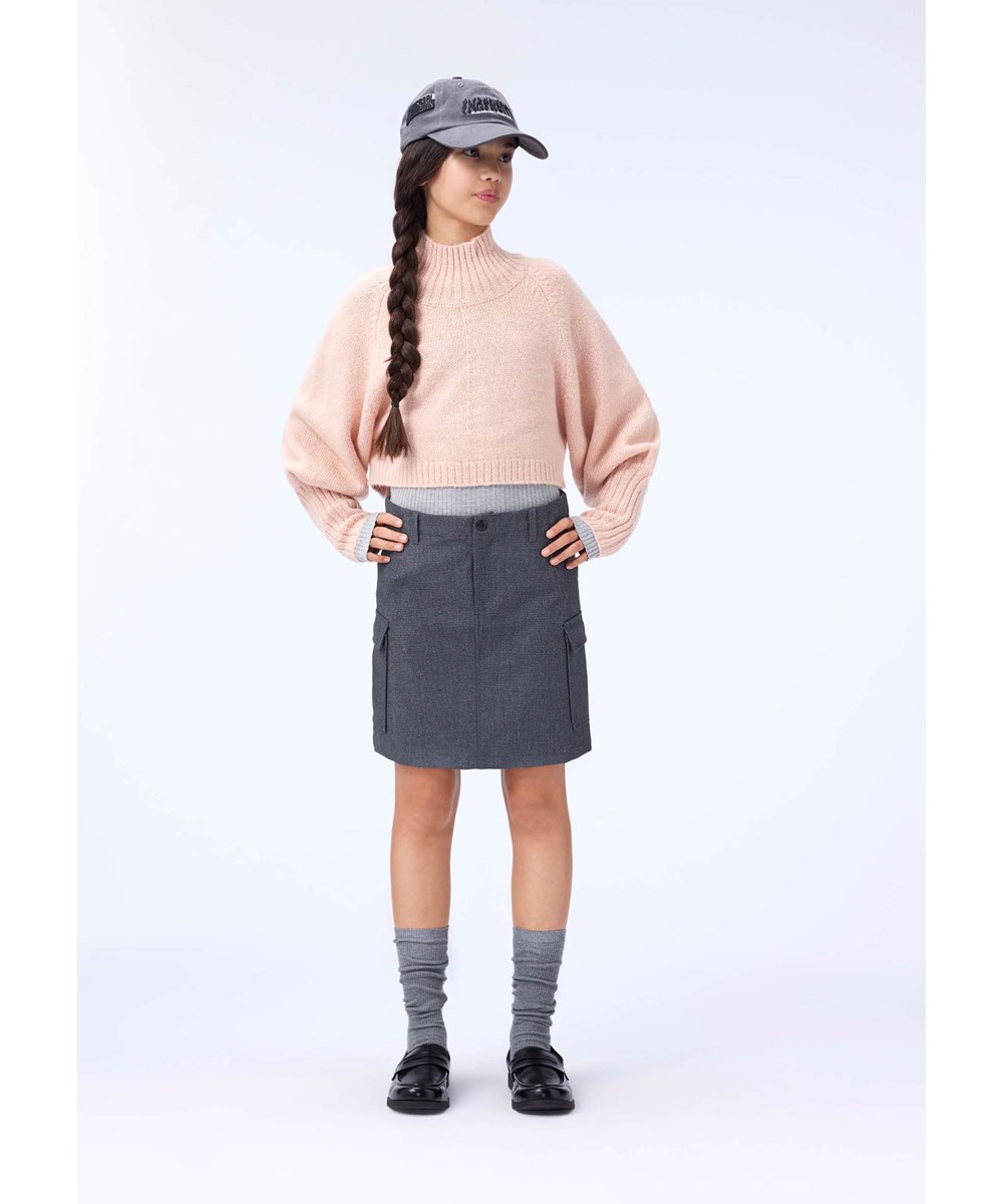 Belli - Grey Silver Check - Grauer Rock für Kinder mit silbernem Faden und Cargotaschen an der Seite.