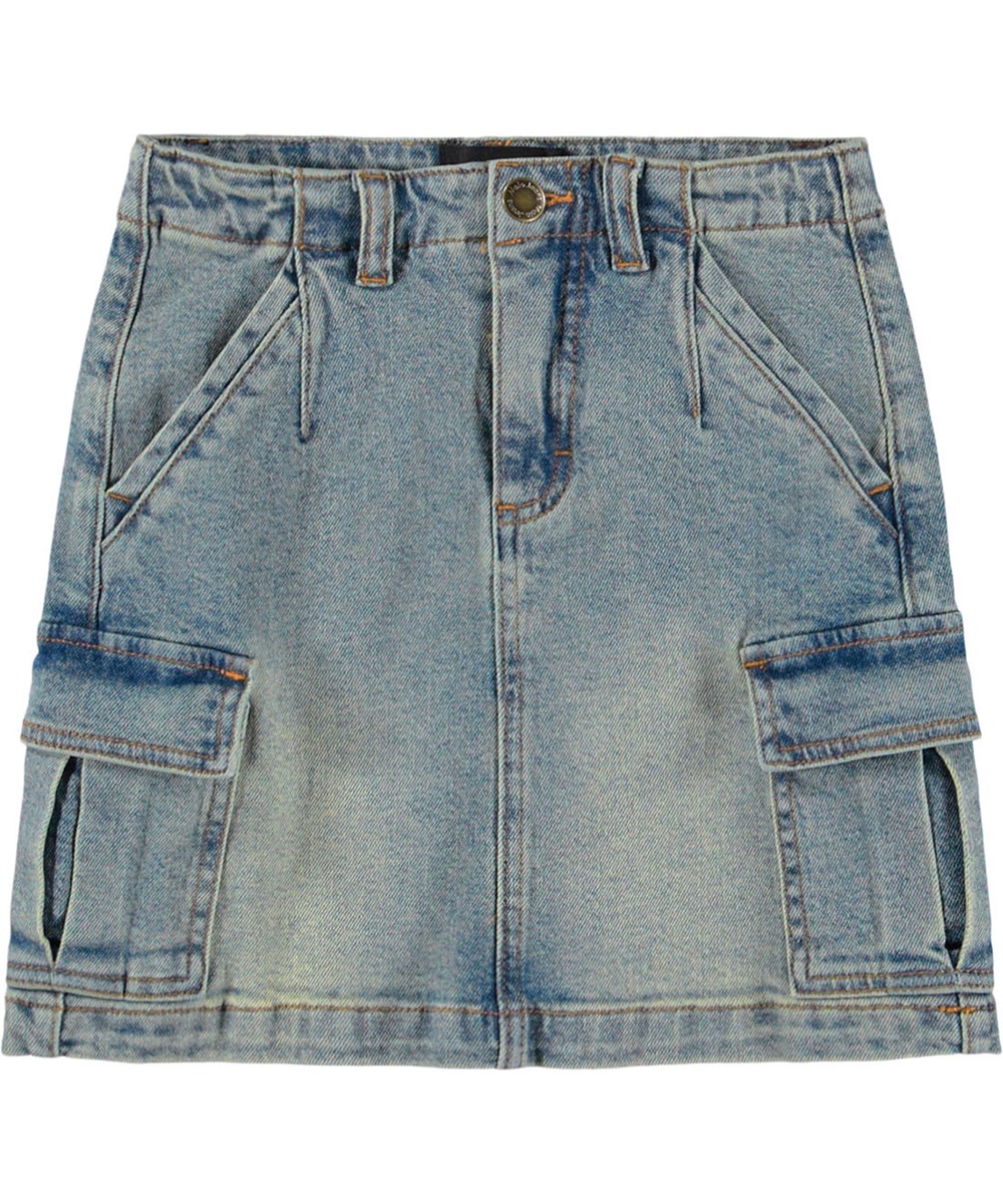 Belli - Vintage Denim - Jeansrock für Kinder aus Öko-Baumwolle mit Cargotaschen an der Seite.