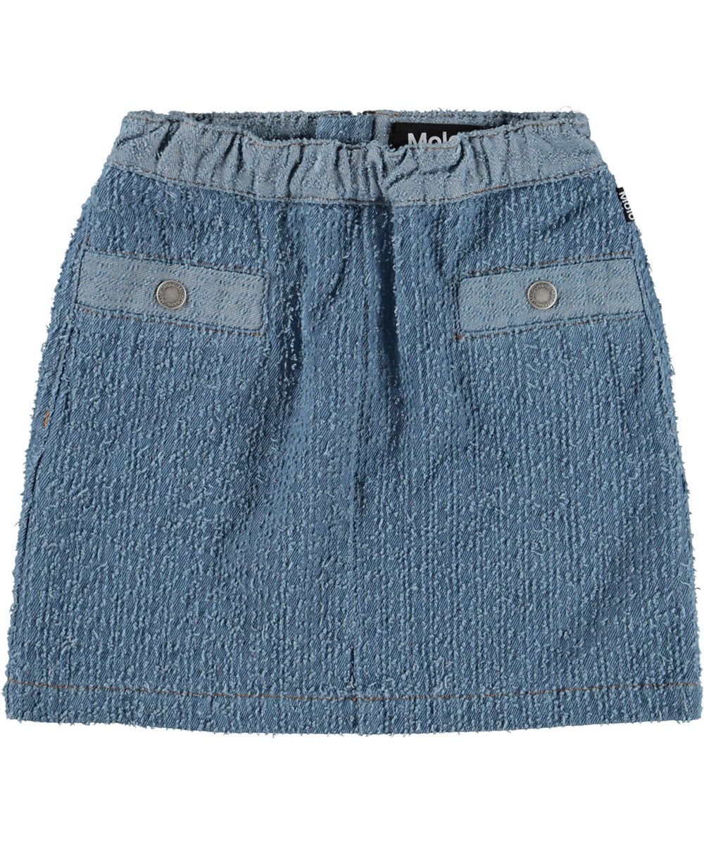 Bente - Bouclé Blue - Blauer kurzer Bouclé-Denimrock für Kinder.