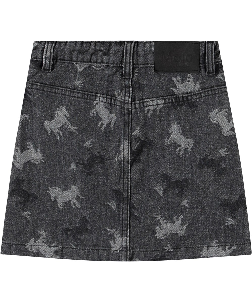 Bera - Giddy-Up Denim - Grauer Jeansrock mit silberfarbenen Knöpfen zum Verschließen. Der Rock hat ein schönes gewebtes Muster von Pferden.