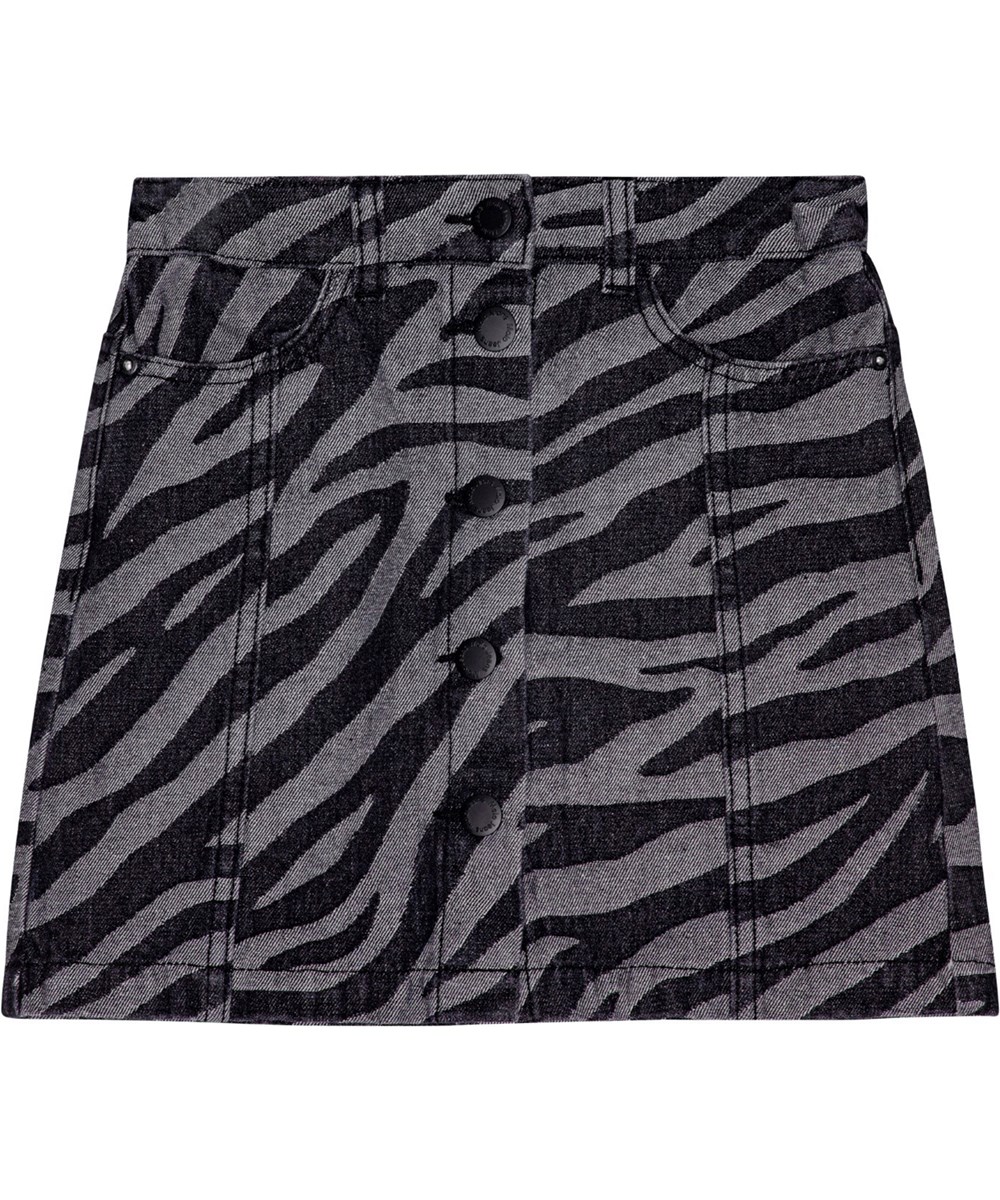 Bera - Zebra Denim - Zebra-gestreifter Jeansrock mit schwarzen Knöpfen und dekorativen Nähten.