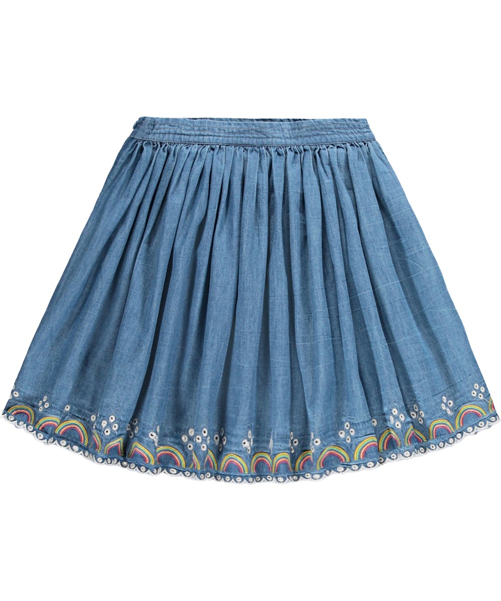 Bernie - Wonder Rainbow - Blauer Jeansrock für Kinder aus Öko-Baumwolle mit Stickerei