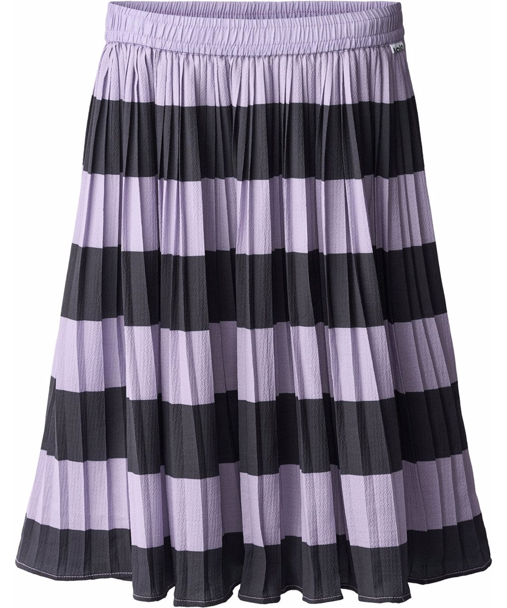 Bess - Wide Stripe - Gefalteter gestreifter Rock für Kinder in Schwarz und Lila mit elastischem Bund.