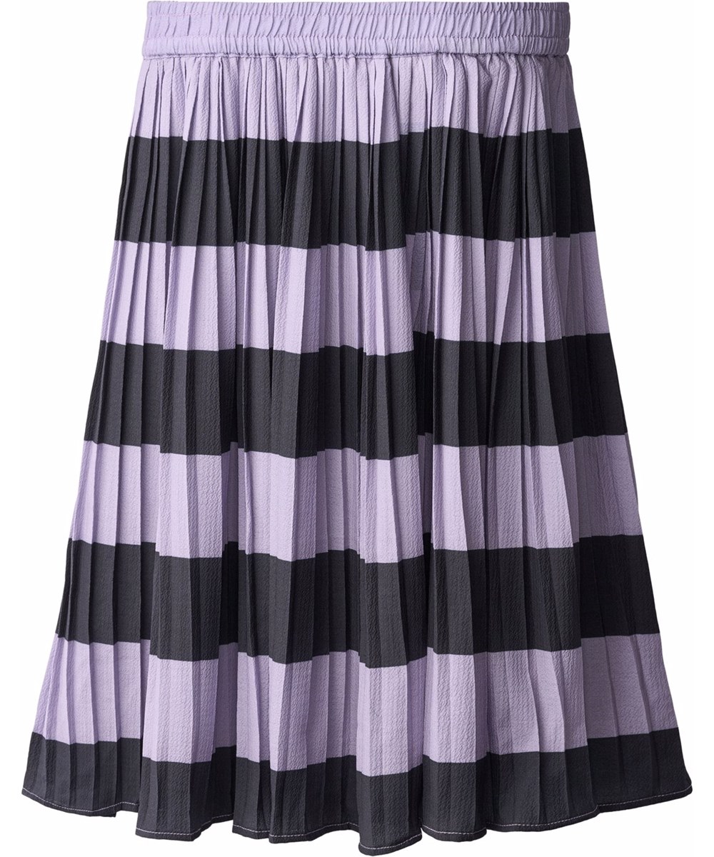 Bess - Wide Stripe - Gefalteter gestreifter Rock für Kinder in Schwarz und Lila mit elastischem Bund.
