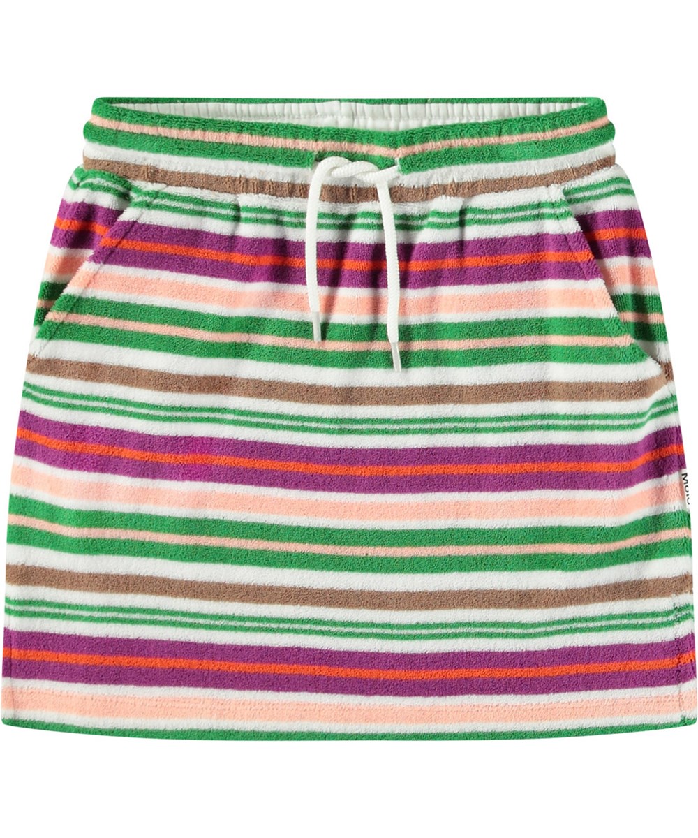 Bethany - Exotic Stripe - Gestreifter mehrfarbiger Rock aus weicher Baumwoll-Frottee für Kinder.