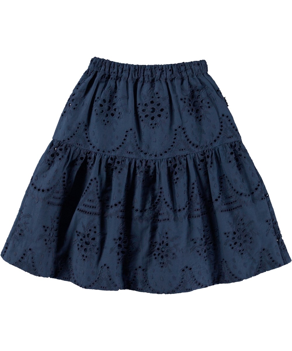 Bianna - Navy Sky - Dunkelblauer Midirock mit durchgehender Lochstickerei