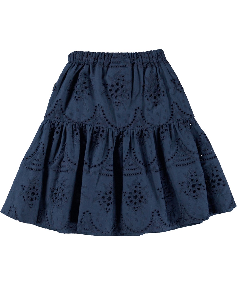 Bianna - Navy Sky - Dunkelblauer Midirock mit durchgehender Lochstickerei