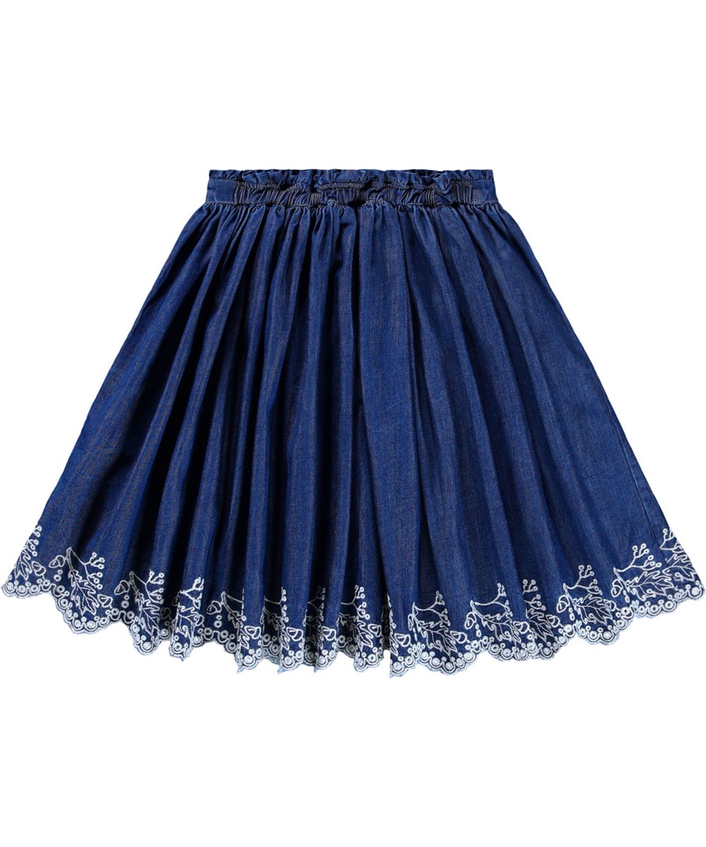 Bitta - Oak Embroidery - Blaue Rock für Kinder aus Öko-Baumwoll-Chambray mit weißer englischer Stickerei.