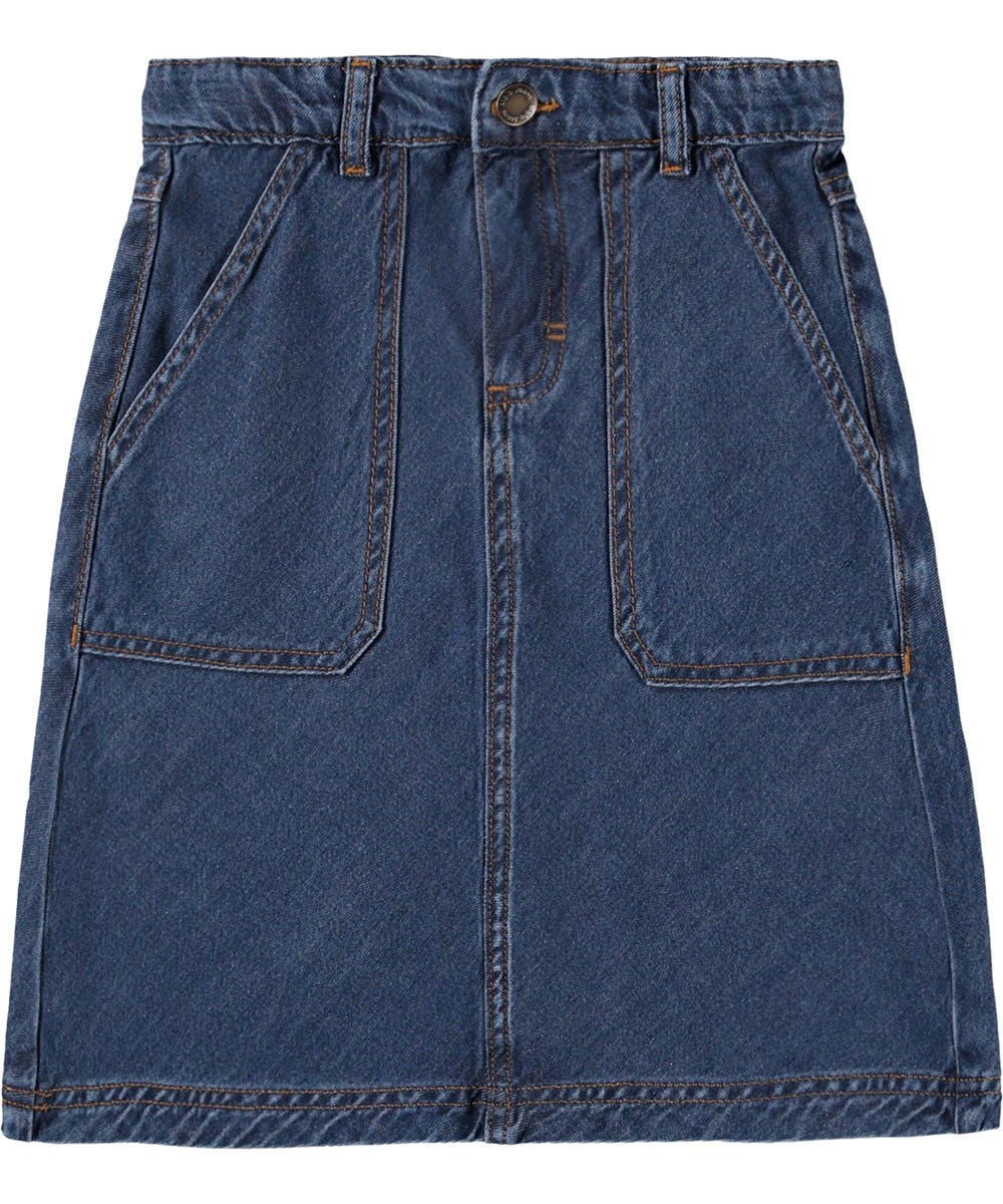 Blaine - Washed Blue - Blauer knielanger Jeansrock für Kinder aus Öko-Baumwolle