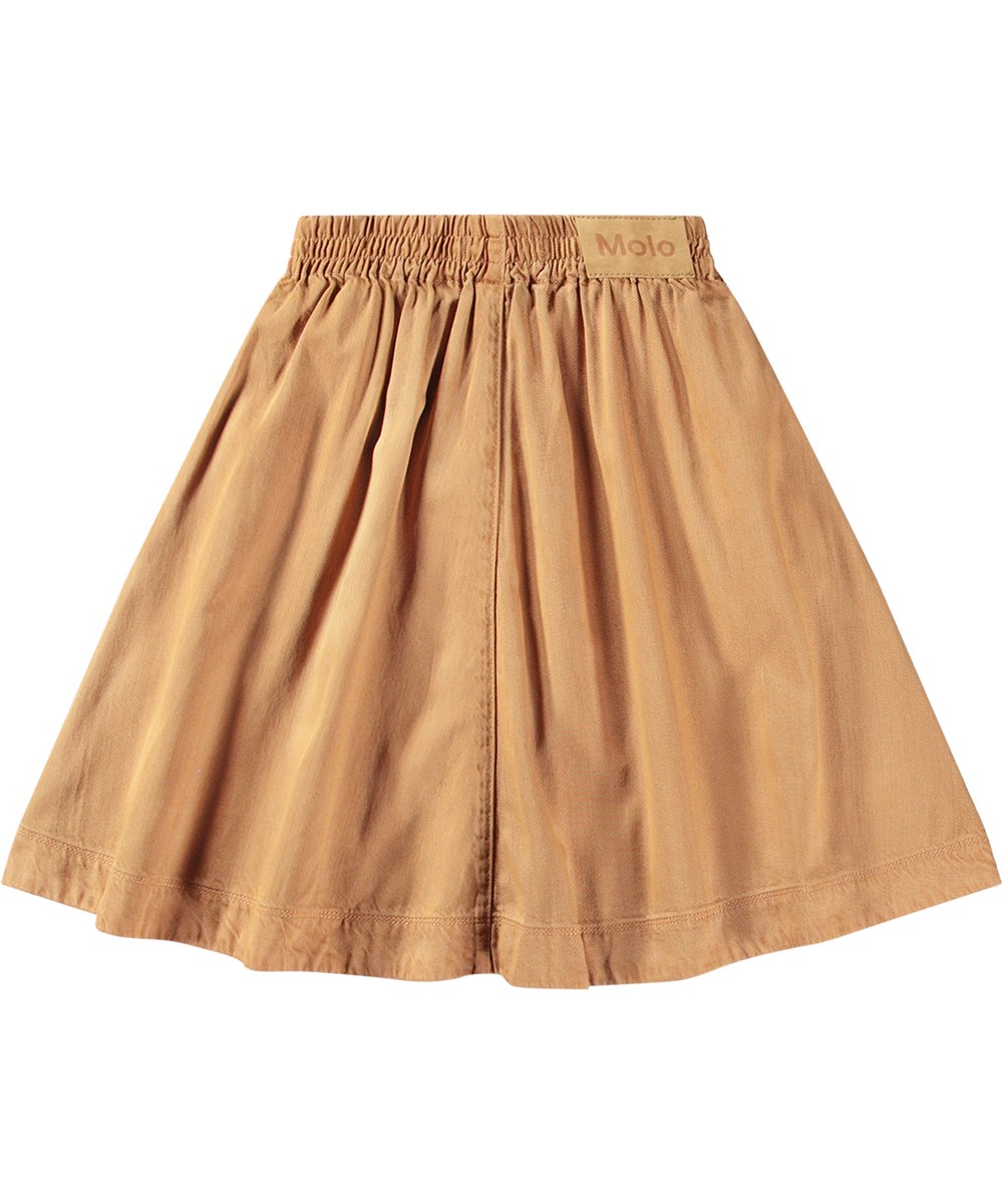 Bolette - Brown Sugar - Brauner knielanger Rundrock aus weicher Baumwolle und Viskosemischung. Elastischer Bund, seitliche Nahttaschen, Kupferdruckknöpfe.