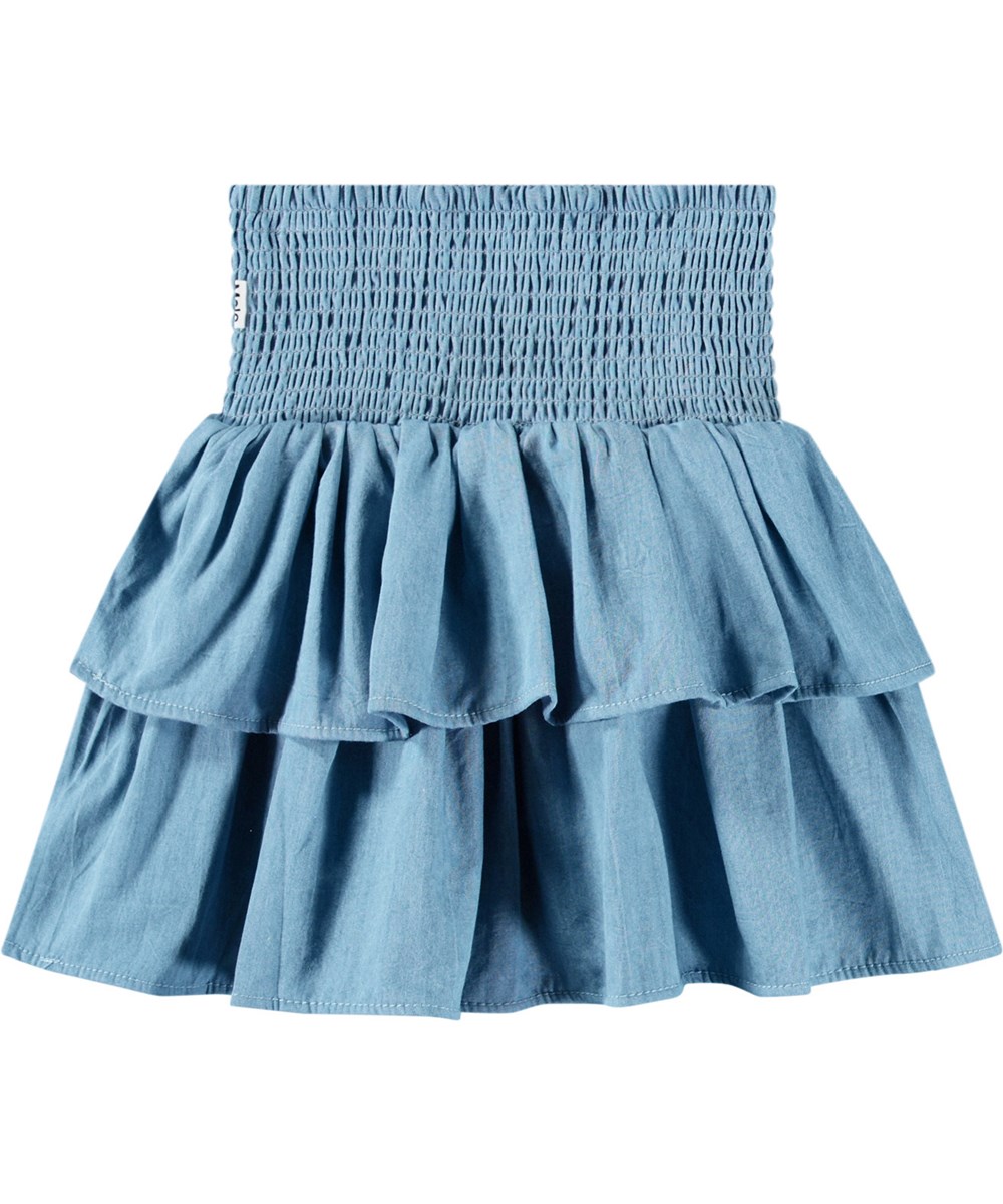 Bonita - Sky Indigo - Blauer knielanger Rock aus Öko-Baumwoll-Chambray mit Raffung für Kinder.