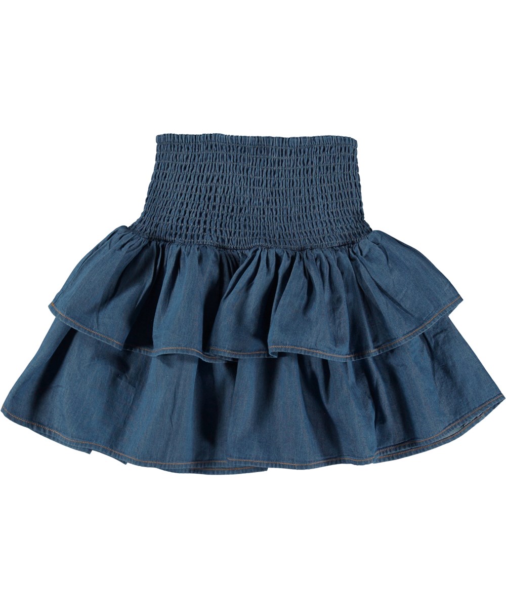 Bonita - Washed Chambrey - Blauer knielanger Öko-Rock aus Chambrey mit Smock