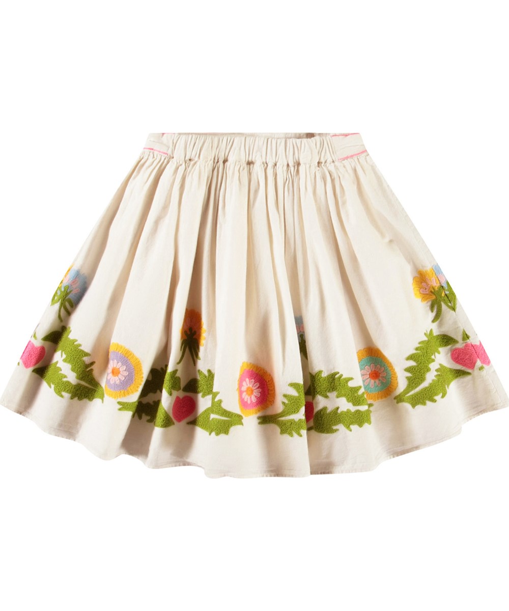 Bonnie - Dandelion Border - Hellrosa knielanger Baumwollrock mit rosa Streifen und bestickten Löwenzahnmotiven für Kinder.