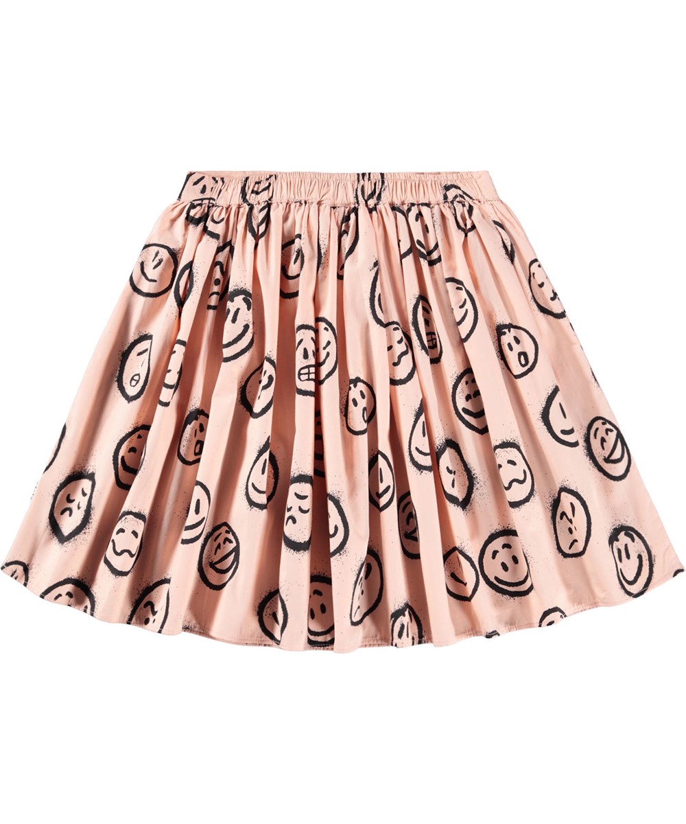 Bonnie - Rose Cloud Moods - Rosa knielanger Rock für Kinder aus Öko-Baumwolle mit einem Aufdruck von Gesichtern in verschiedenen Stimmungen.