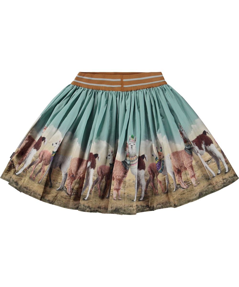 Brenda - Out And About - Öko-Minirock in Blau und Braun mit Allover-Lama-Print