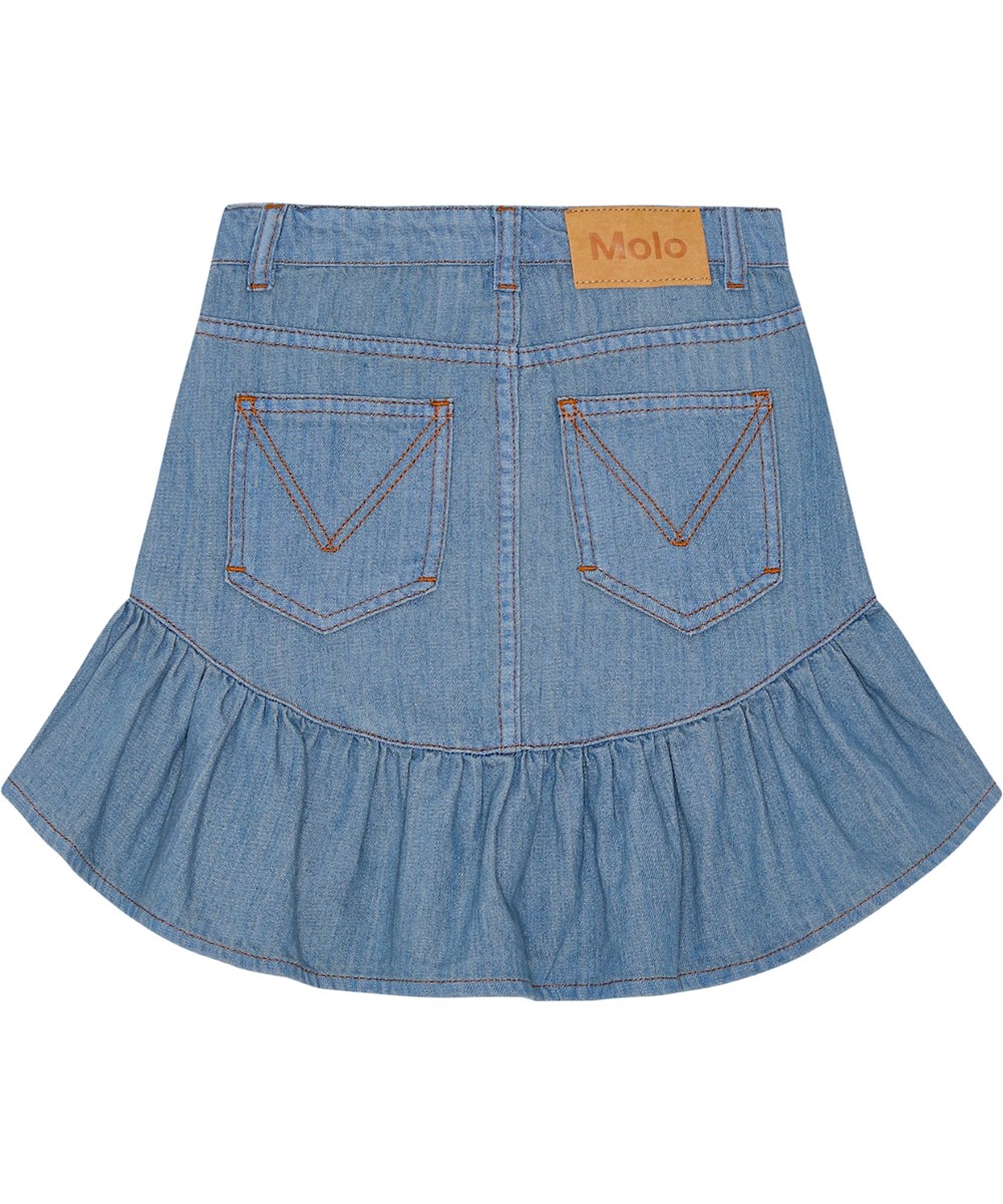 Bridget - Washed Denim Blue - Blauer Jeans-Rock in Knielänge mit gerüschtem Saum, Vorder- und Gesäßtaschen, Reißverschluss und Knopfverschluss, Gürtelschlaufen und verstellbarem Bund.