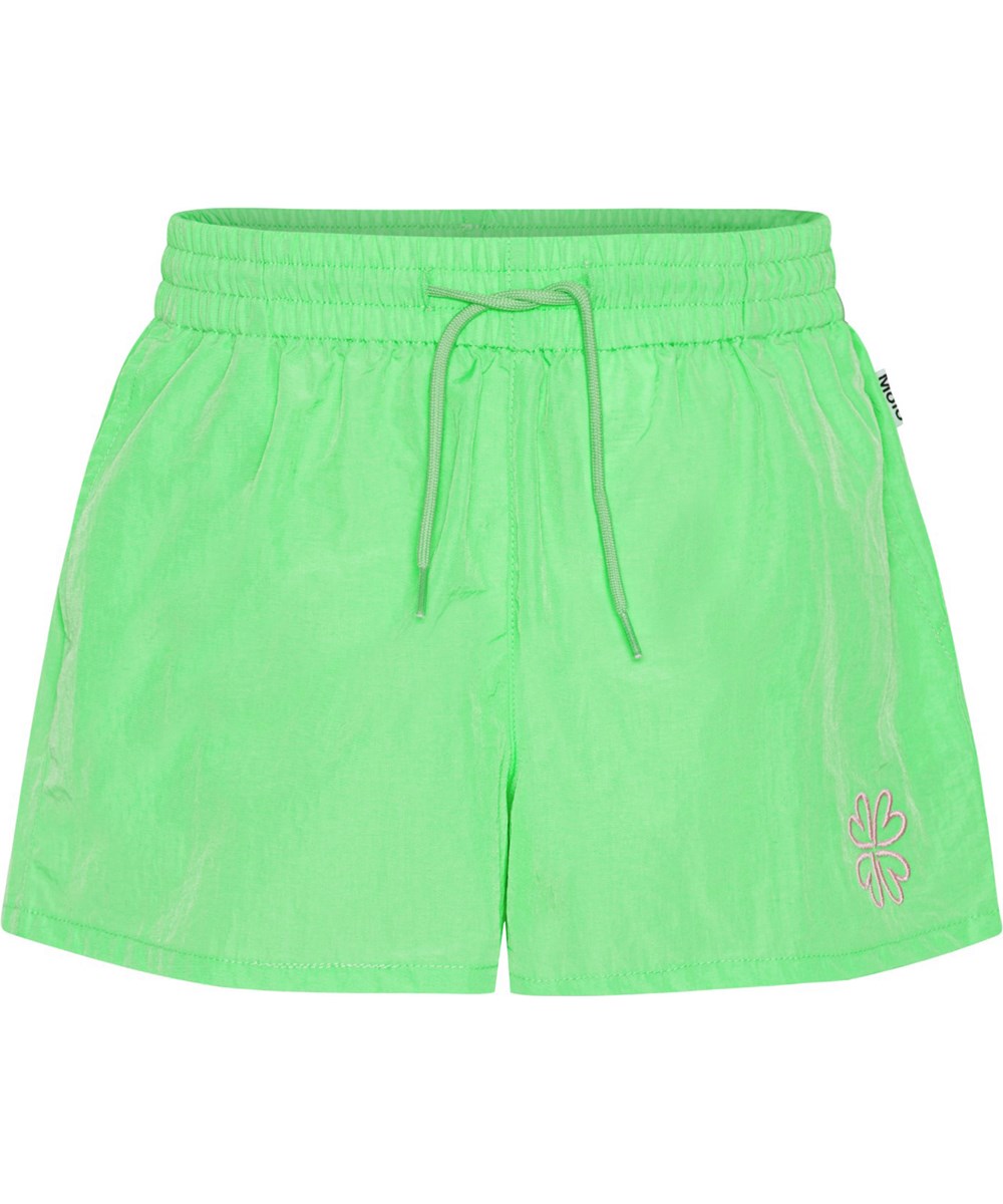 Addie - Classic Green - Neongrüne, sportliche Nylon-Shorts mit Kleeblatt-Logo