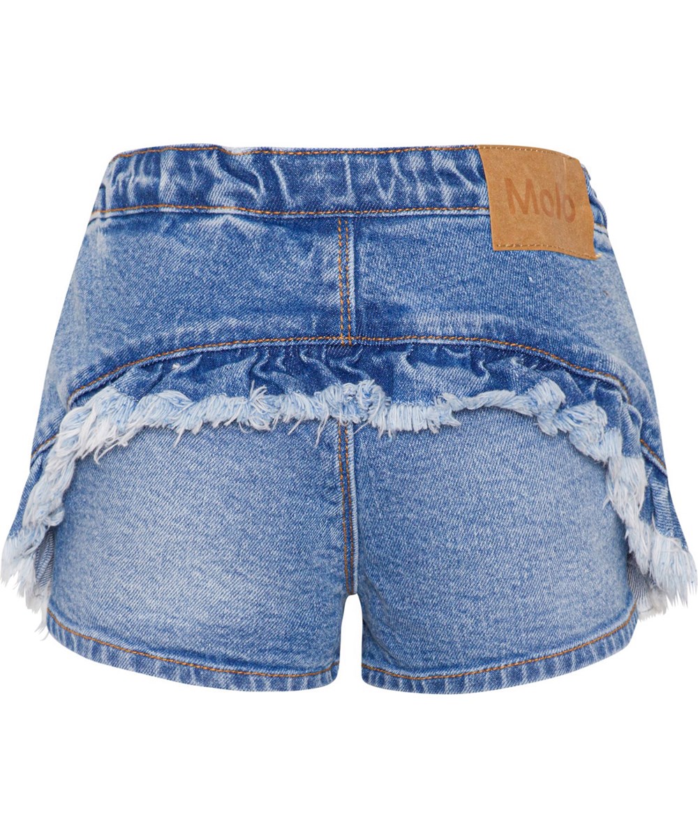 Agnetha - Washed Denim Blue - Blaue Denimshorts mit Rüschendetail