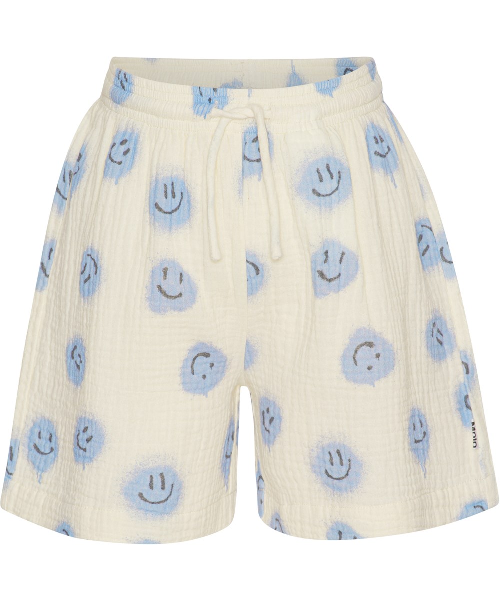 Albertha - Crisp Smiles - Weiße Shorts mit hellblauen Gesichtern
