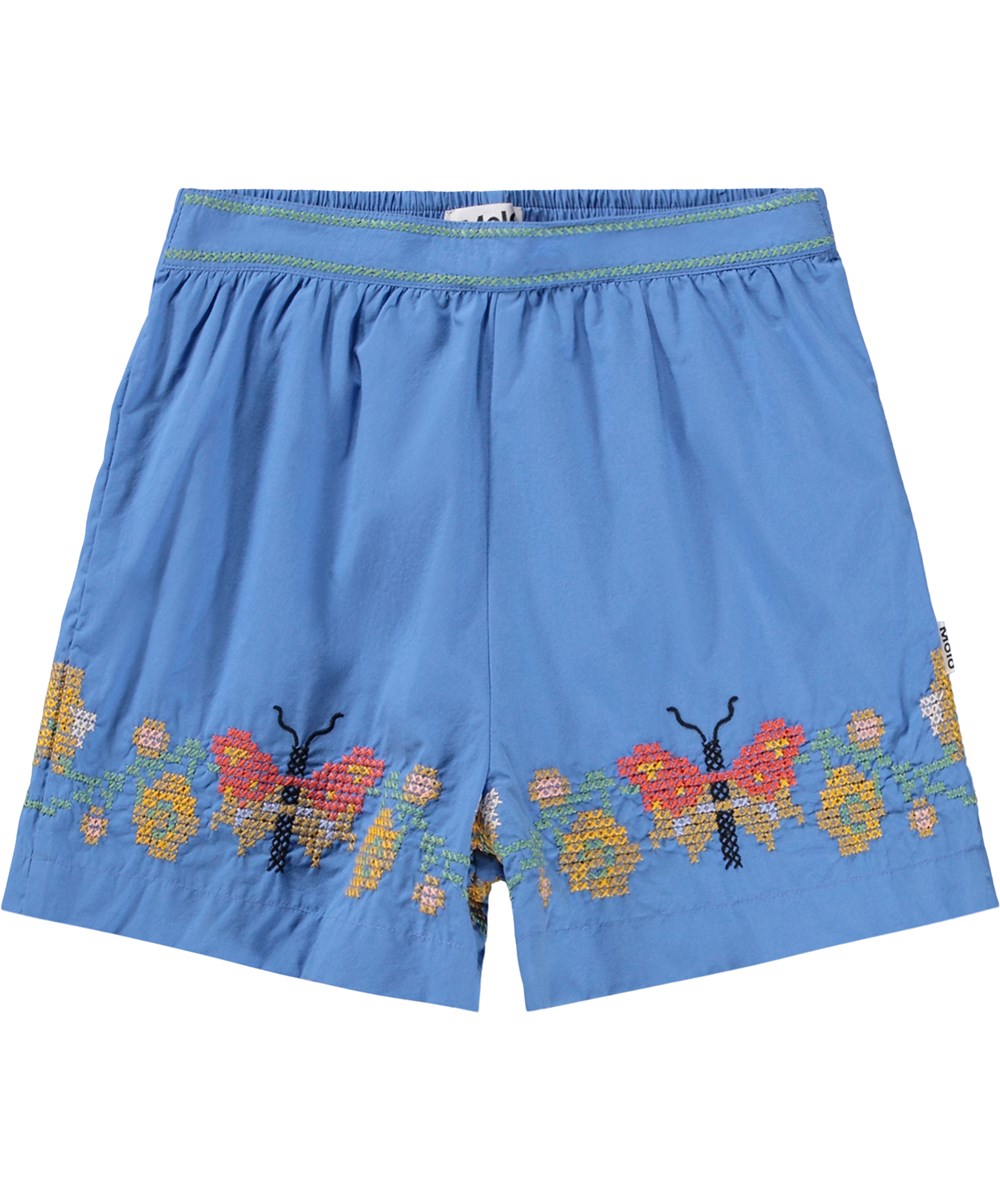 Ally - Blue Flower - Blaue Baumwollshorts für Kinder mit Stickerei