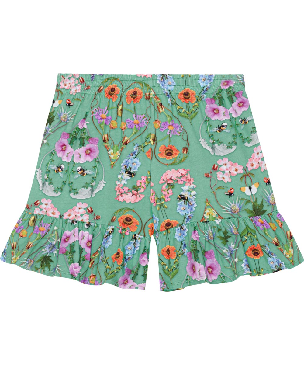 Almira - With Love - Grüne Jersey-Shorts aus Öko-Baumwolle mit Blumendruck