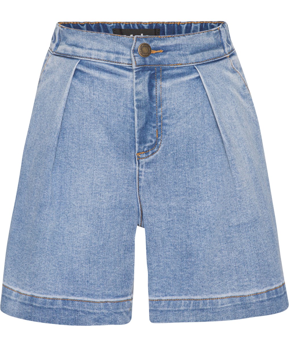 Amari - Washed Blue Denim - Weite blaue REPREVE Jeansshorts mit Falten