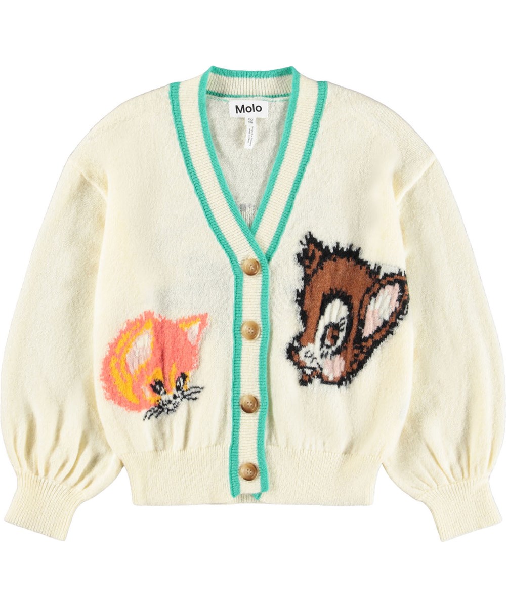 Gaby - Buttercream - Spaßiger cremefarbener Cardigan für Kinder aus einer Wollmischung mit einem Tiermuster.