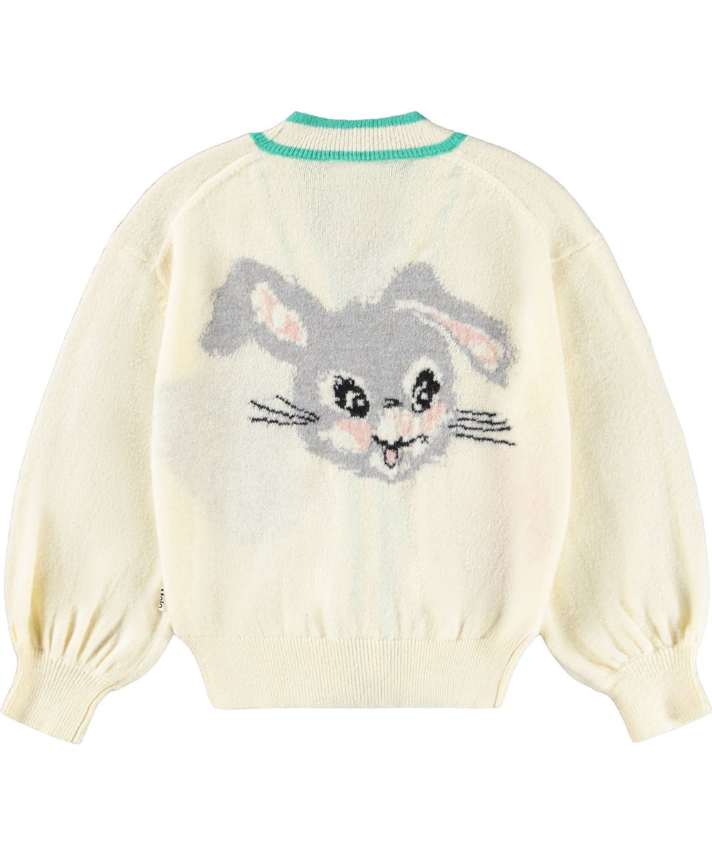 Gaby - Buttercream - Spaßiger cremefarbener Cardigan für Kinder aus einer Wollmischung mit einem Tiermuster.