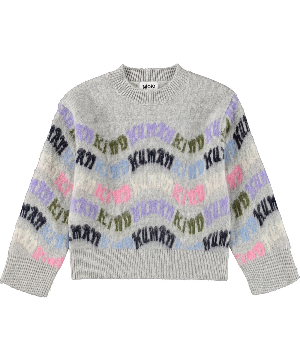 Gayle - Grey Melange - Grauer, übergroßer Pullover für Kinder aus Wolle mit mehrfarbigem Muster.