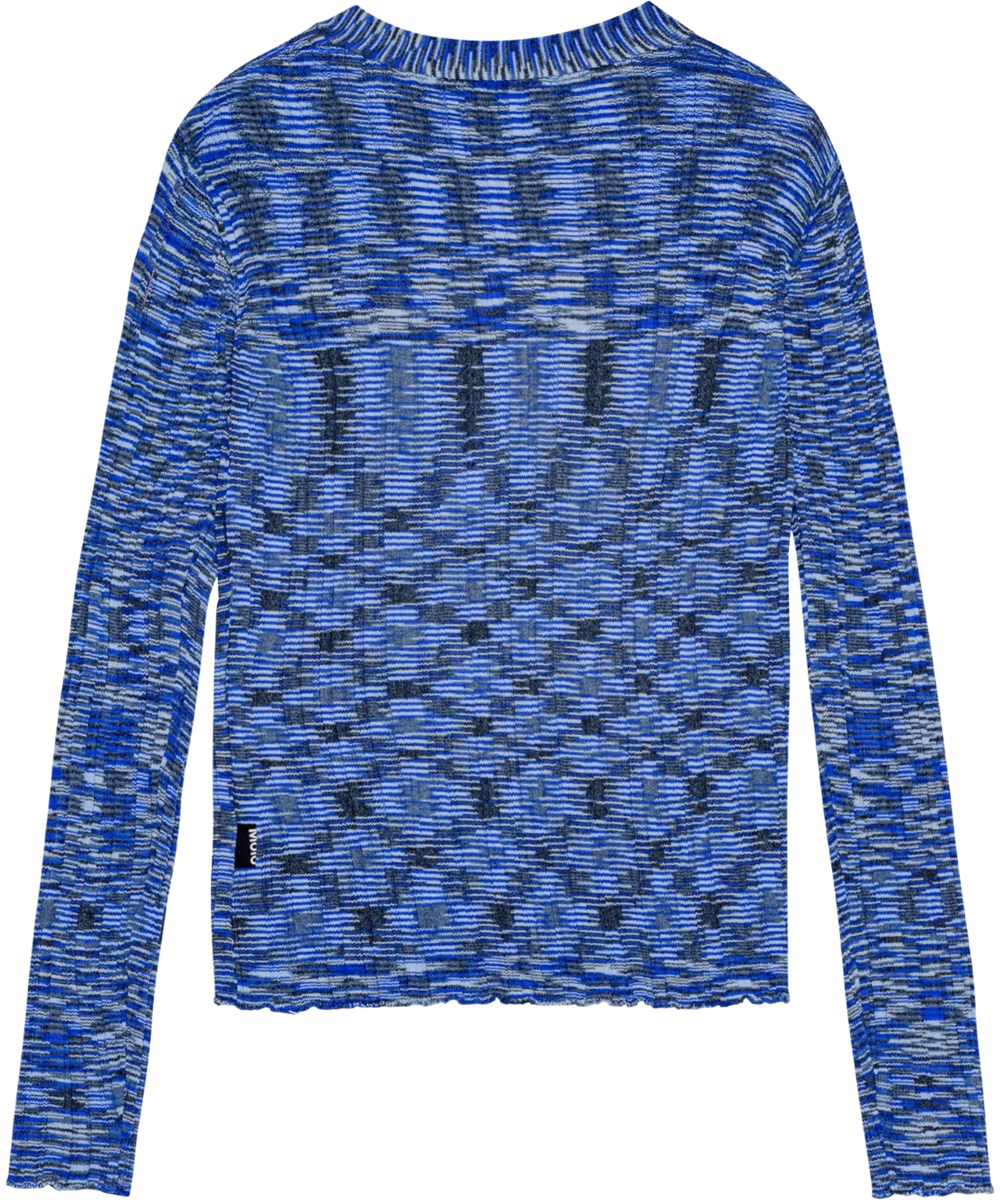 Genie - Blue Mouliné - Eng anliegender, melierter Cardigan mit Perlmuttknöpfen und Babylock-Kanten.