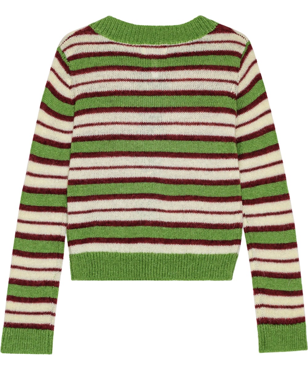 Geraldine - Dream Stripes - Weicher Cardigan aus einer Wollmischung mit Retro-Streifen und grünen Rippbündchen.