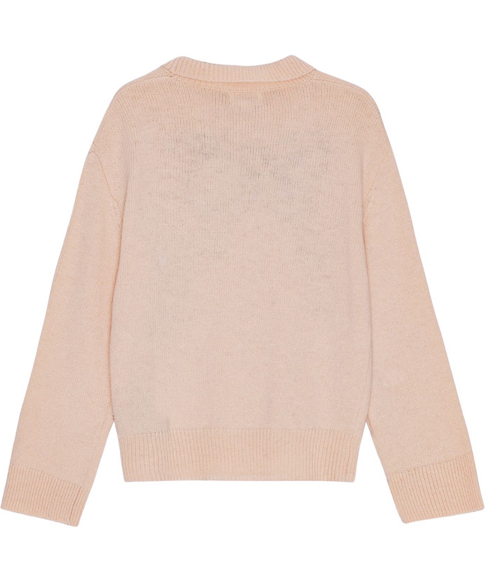 Gerd - Petal Blush - Pullover aus rosafarbener Wollmischung mit gestricktem Kragen und schwarzer Schleife.