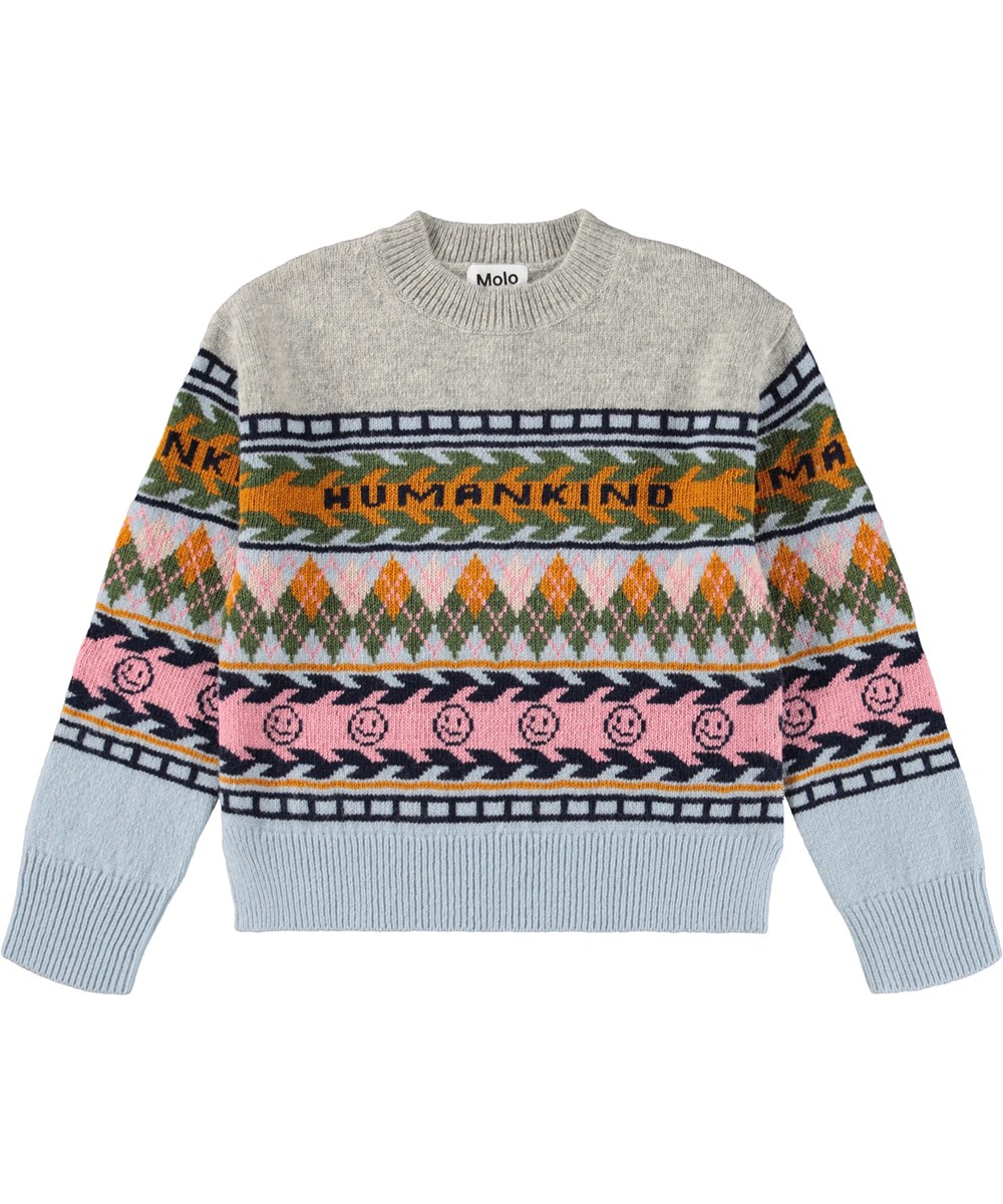 Gerda - Kind Argyle - Schöner bunter Pullover für Kinder aus Wolle, inspiriert von der nordischen Strickgeschichte.