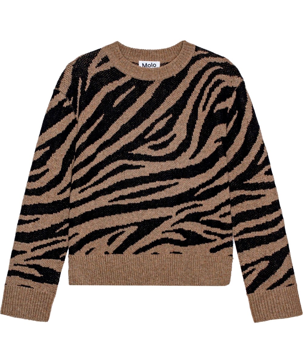 Gerda - Zebra Knit - Schwarzer und brauner Zebra-gestreifter Wollpullover mit Rundhalsausschnitt und lockerer Passform.