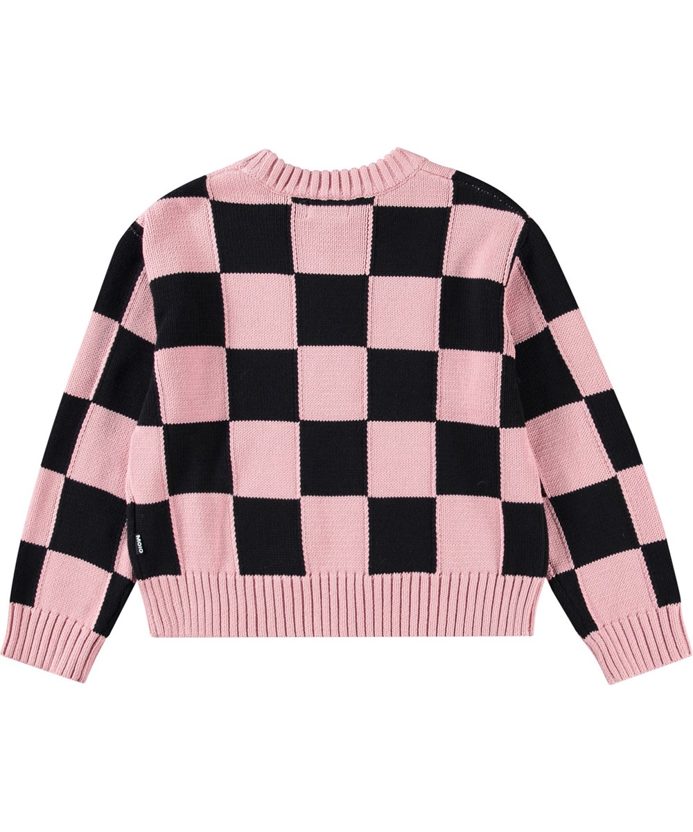 Gertina - Black Rose Check - Schwarzer und pink karierten Pullover für Kinder aus weichem Baumwollstrick.