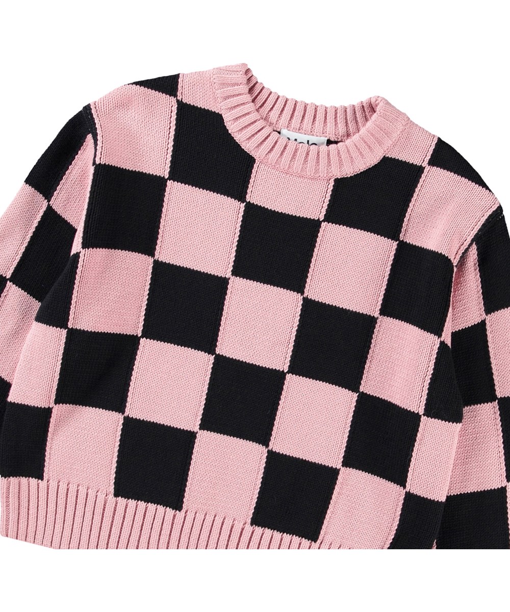 Gertina - Black Rose Check - Schwarzer und pink karierten Pullover für Kinder aus weichem Baumwollstrick.
