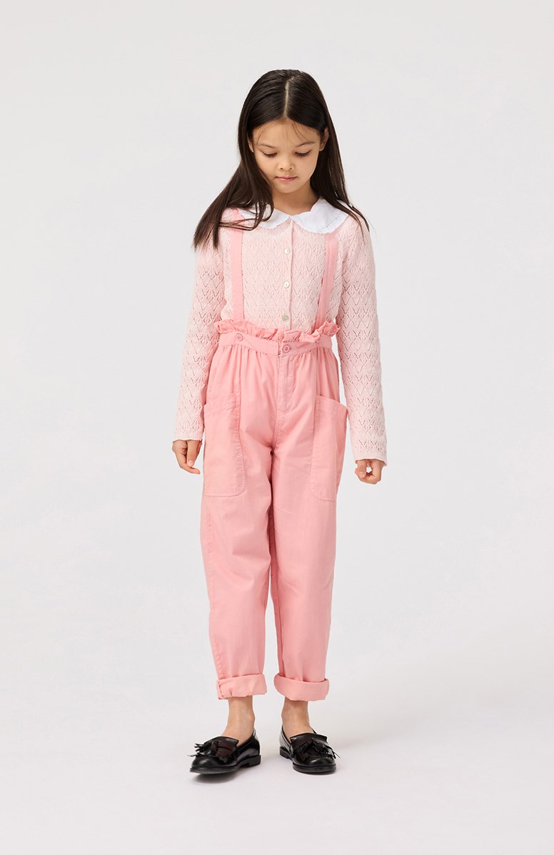 Gigi - Charlotte Pink - Rosa gestrickte Strickjacke für Kinder aus weicher Öko-Baumwolle mit einem schönen Spitzenmuster.