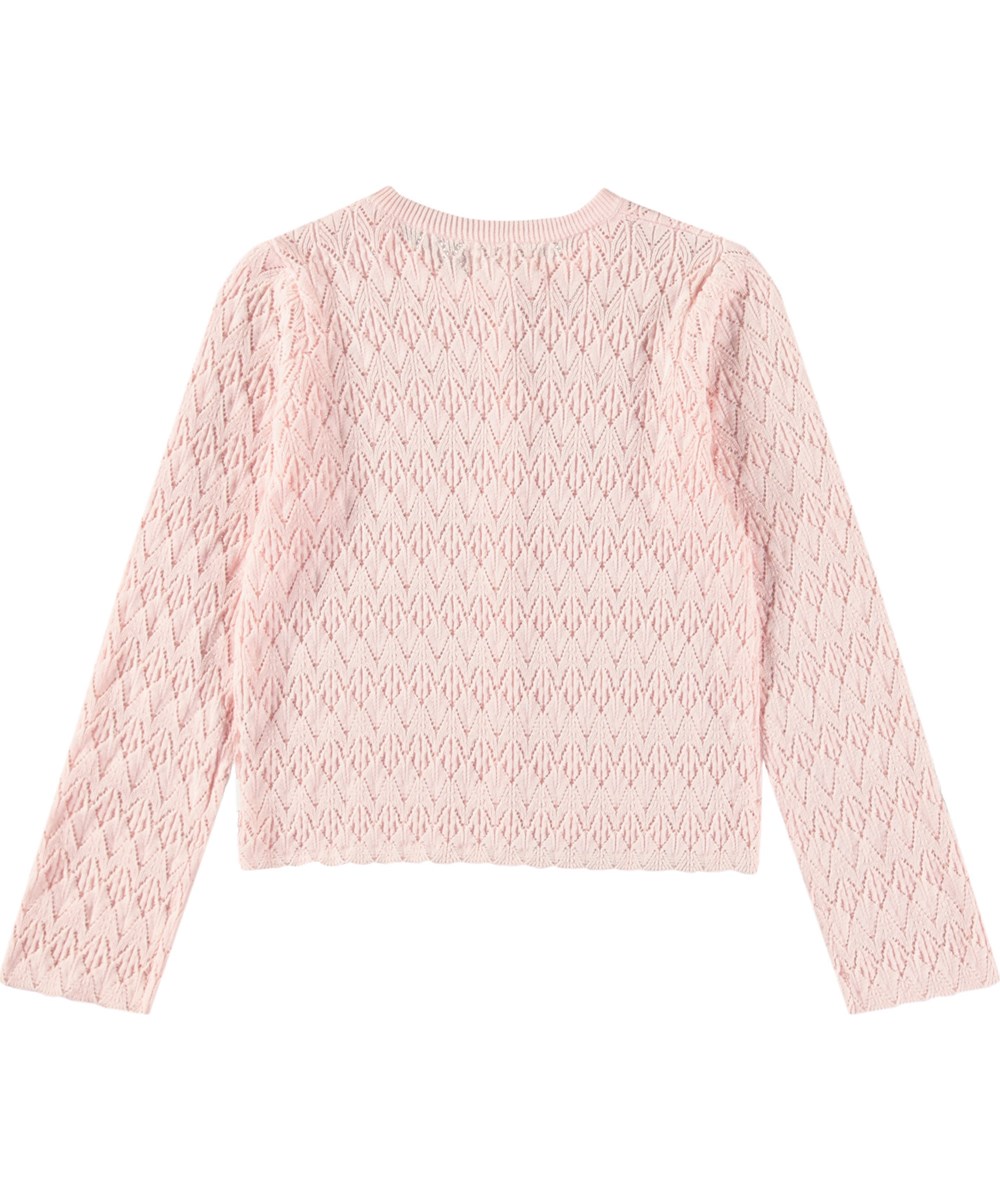 Gigi - Charlotte Pink - Rosa gestrickte Strickjacke für Kinder aus weicher Öko-Baumwolle mit einem schönen Spitzenmuster.