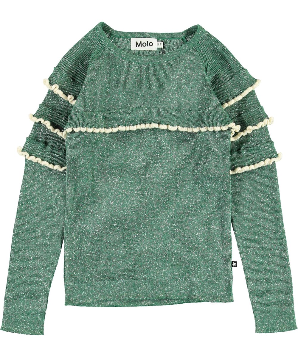 Gilah - Moonlight Leaf - Grüne Glimmerbluse mit Rüschen