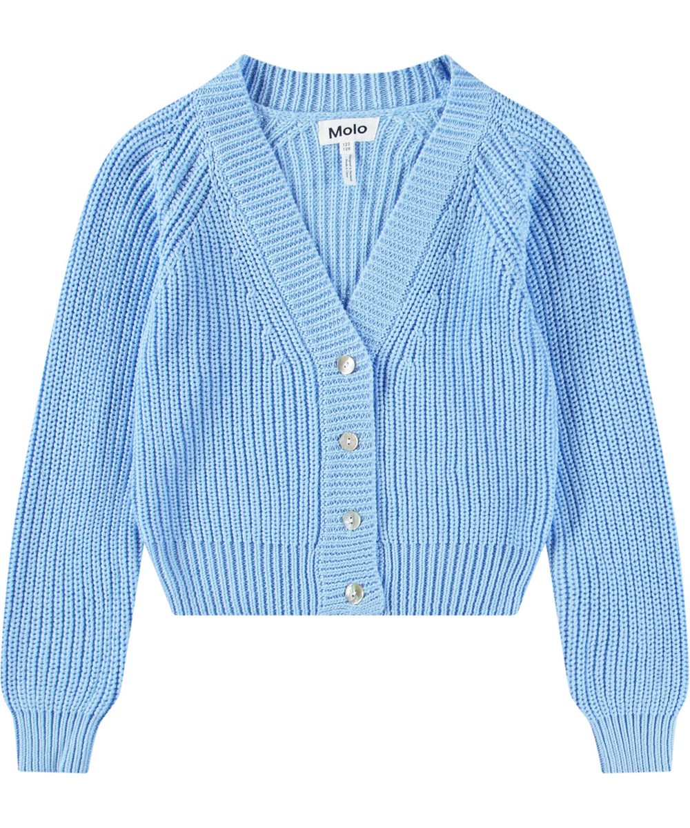 Gilberta - Day Sky - Weiche hellblaue Strickjacke für Kinder aus Baumwolle mit V-Ausschnitt.