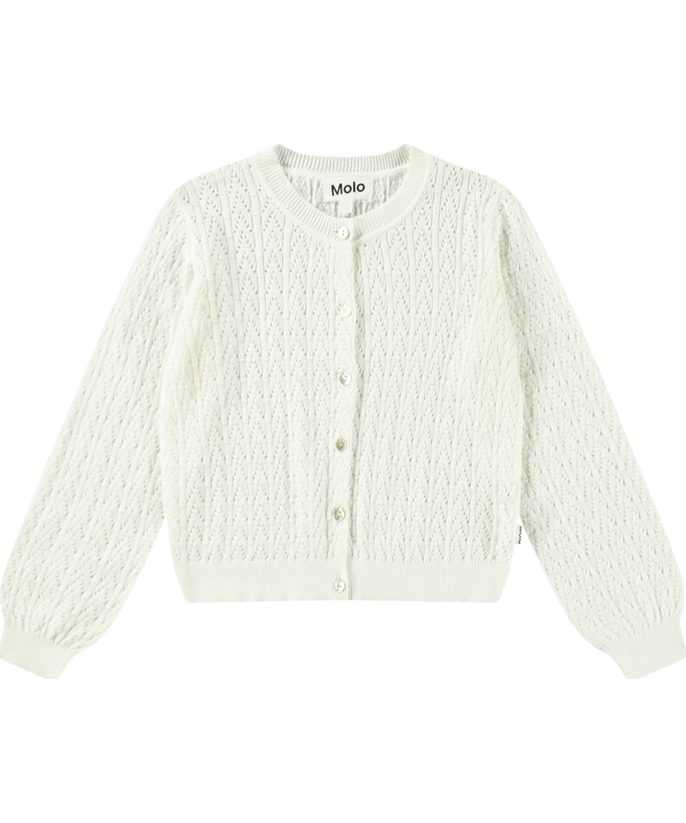 Gillian - Crisp White - Weißer gestrickter Cardigan für Kinder aus weicher Öko-Baumwolle mit einem schönen Spitzenmuster.