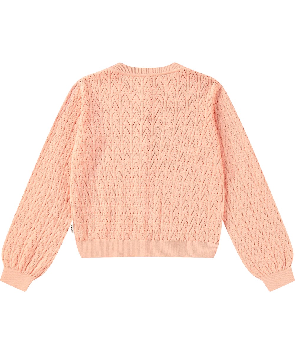 Gillian - Peach - Hellorangefarbene Strickjacke für Kinder aus weicher Öko-Baumwolle mit einem schönen Spitzenmuster.