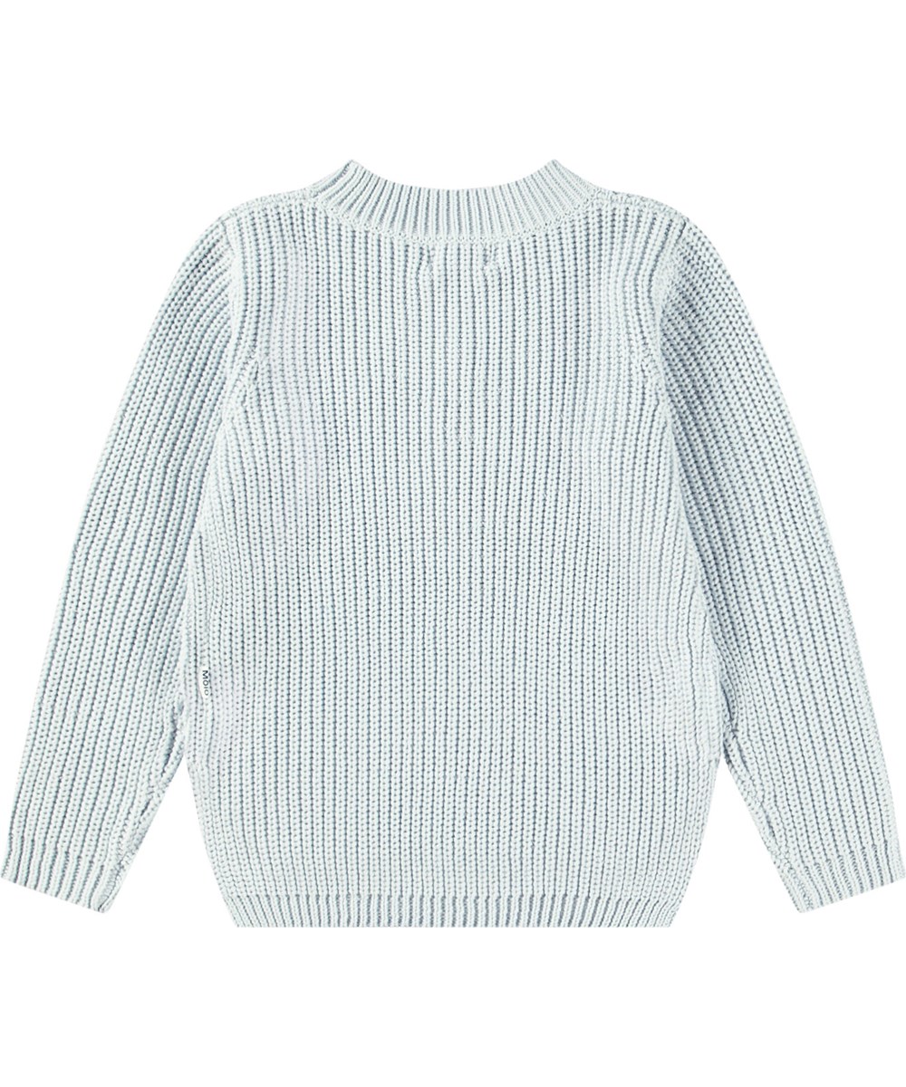 Gillis - Skywriting - Hellblauer Strickpullover für Kinder aus weicher Öko-Baumwolle mit Rundhalsausschnitt.