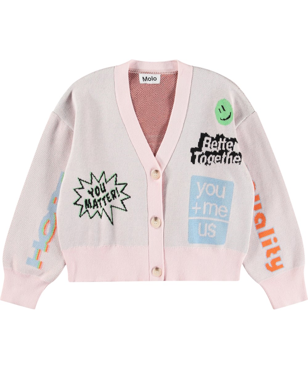 Gilly - Speak Up - Rosafarbener Strickjacke für Kinder aus weicher Öko-Baumwolle mit Knöpfen.