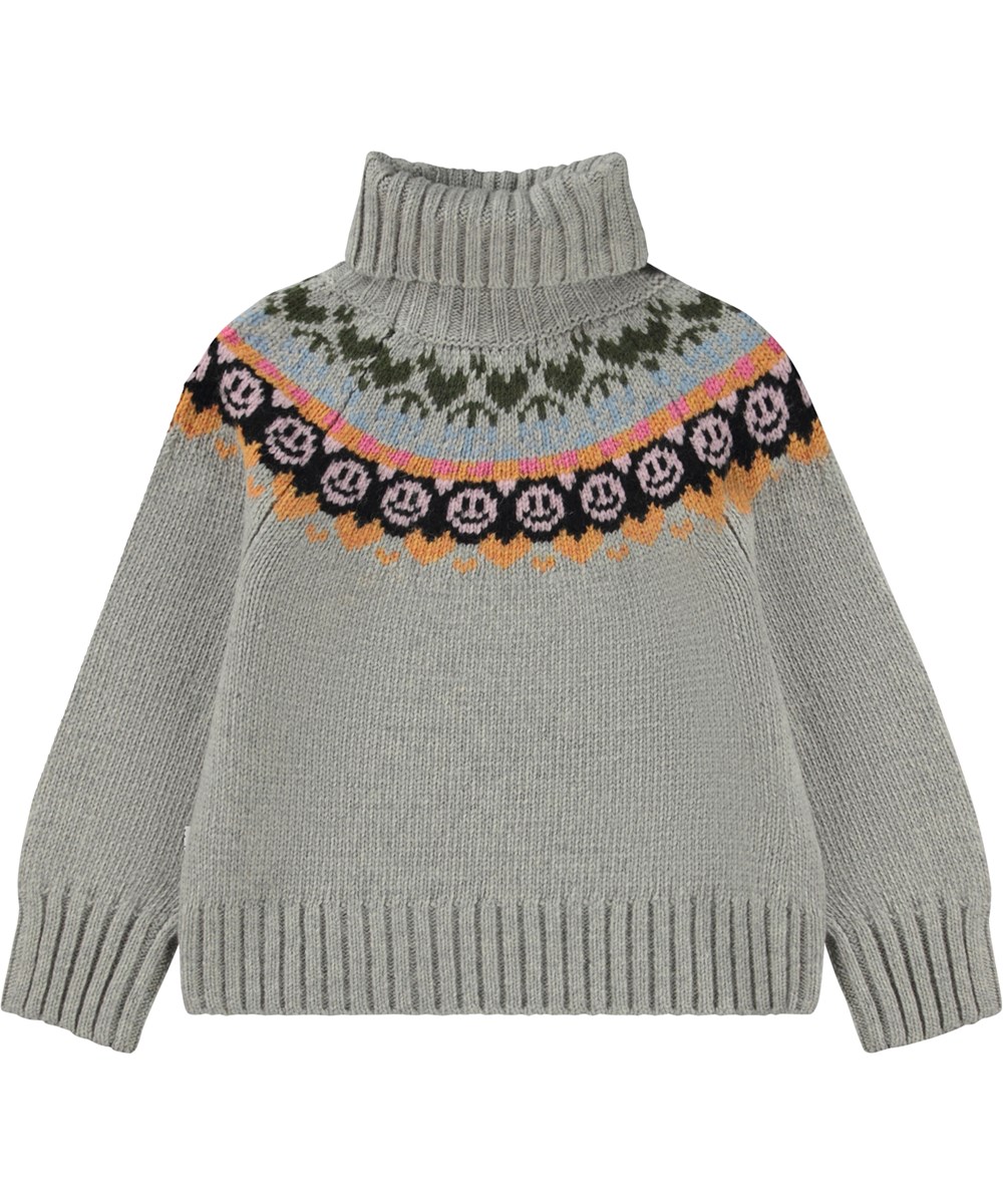Gimla - Light Grey Melange - Hellgrauer Melange-Strickpullover mit Stehkragen und Muster