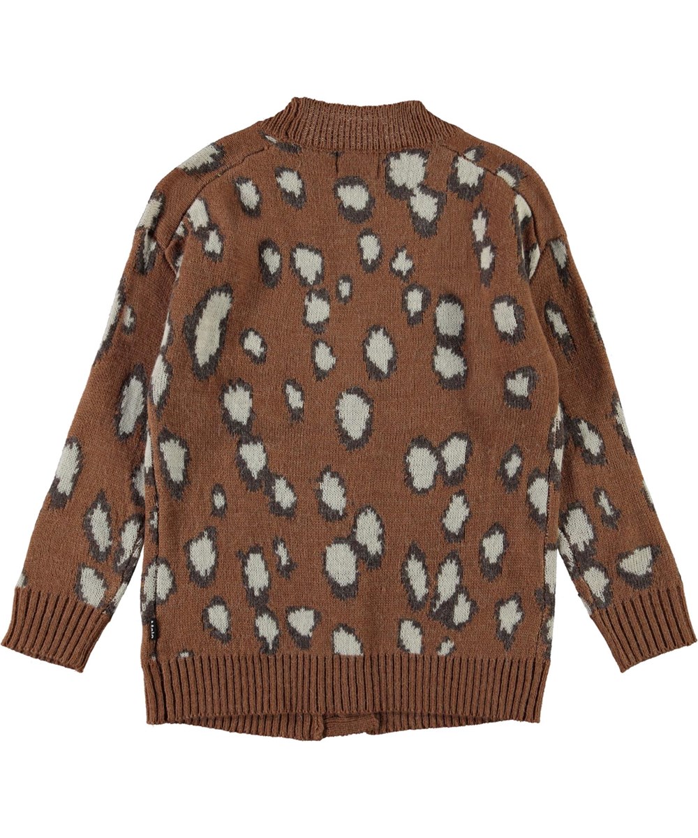 Gina - Graphic Deer - Braune Strickjacke mit weißen Flecken