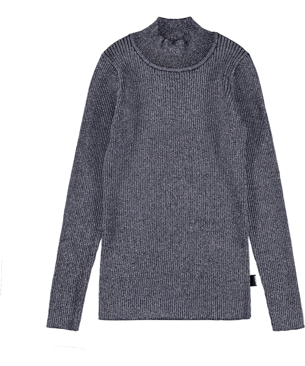 Ginevra - Black Silver - Grauer Rippstrickpullover für Kinder aus Baumwolle mit Metallfaden.